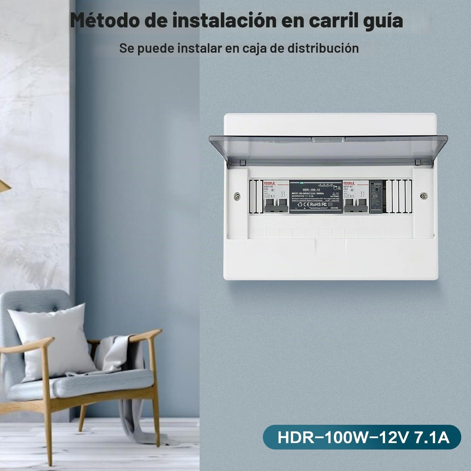 DEWIN Fuente de Alimentación DIN DC 12V 7.1A 100W Transformador 220v a 12v para montaje en carril DIN, Entrada de CA 100V-240V, Salida de CC 12V, HDR-100-12