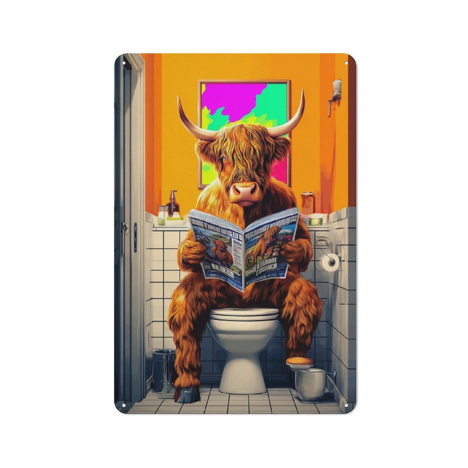 Junmoney Highland Cow Relaxing With Magazine Metal Wall Sign 30X20cm, Retro Decor For Home Bar Wall, For Metal Sign Collectors, For Garage And Workshop Walls