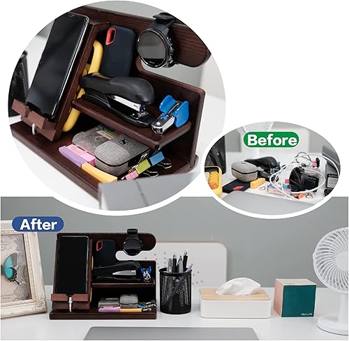 Miniatura 4 de Regalos para hombres estación de acoplamiento para teléfono organizador de mesita de noche estante de almacenamiento de escritorio con madera maciza