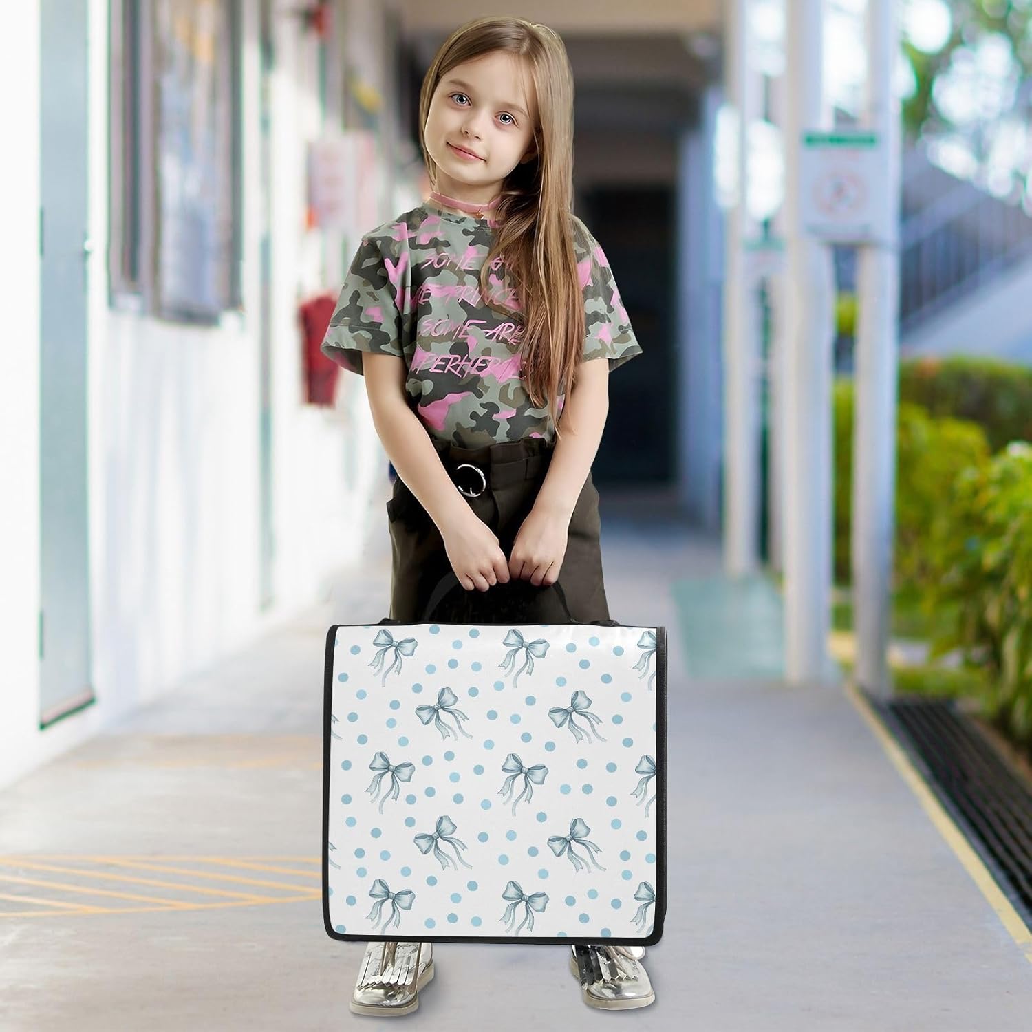 Bow Polka Dot Blue Pattern 3 Ring Zipper Binder with Shoulder Strap & Handle 1.5 Inch D-Ring Zippered Bag with Pencil Pouch,Expanding File Folder, Binder Organizer for School or Office