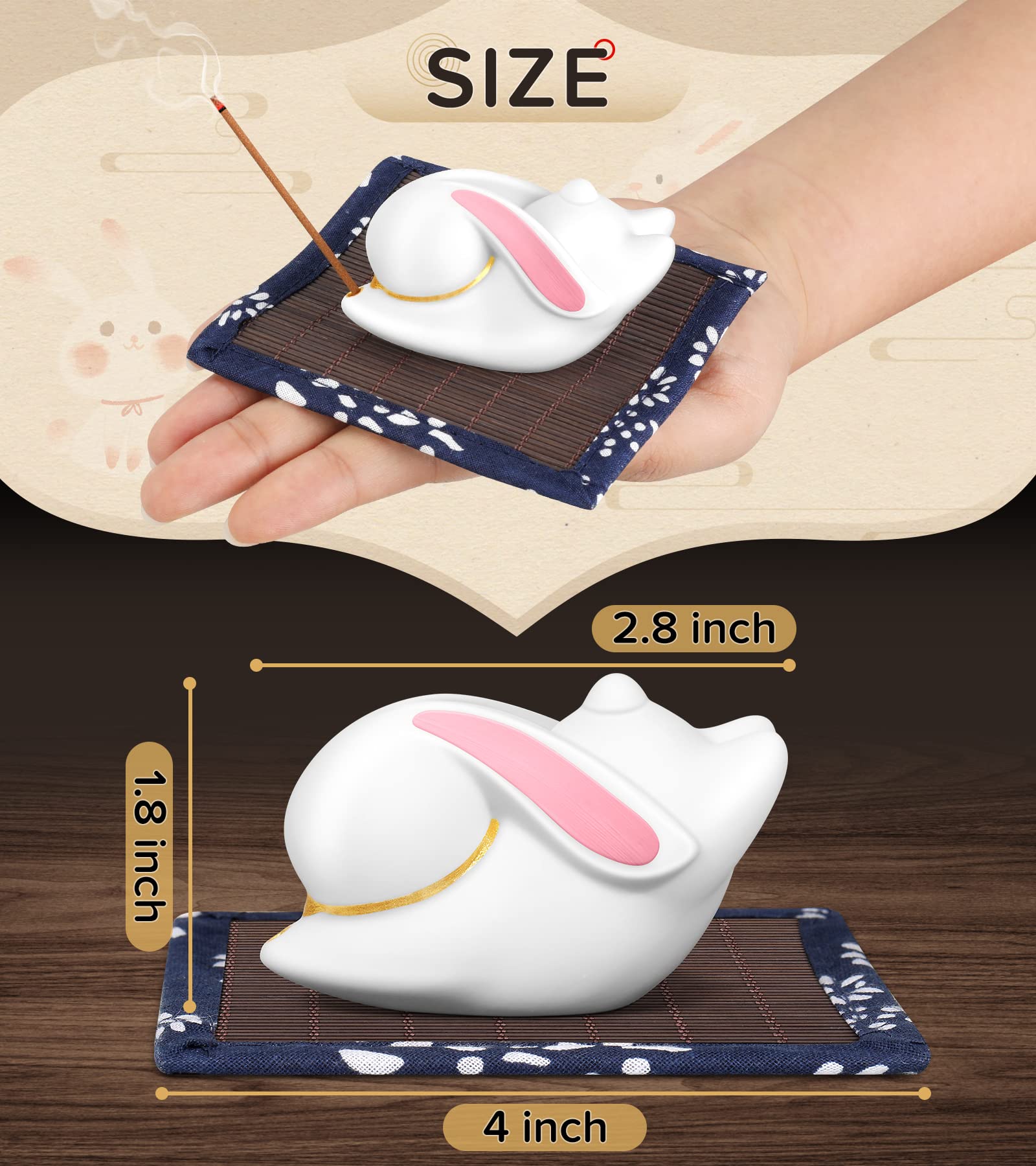 Incense Holder for Sticks,Cute Rabbit Incense Sticks Holder with Bamboo Mat,Ash Catcher Stick Incense Burner Holder for Meditation Yoga Spa Desk Home Zen Decoration,Handmade Ceramic Gifts for Women
