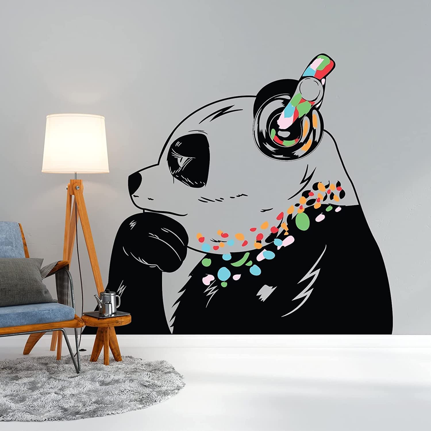 Adesivo da parete con scritta "Panda in cuffia", ispirato ai graffiti di Banksy – Pensiero Pandas – Adesivo da parete a forma di panda (220 x 152 cm)