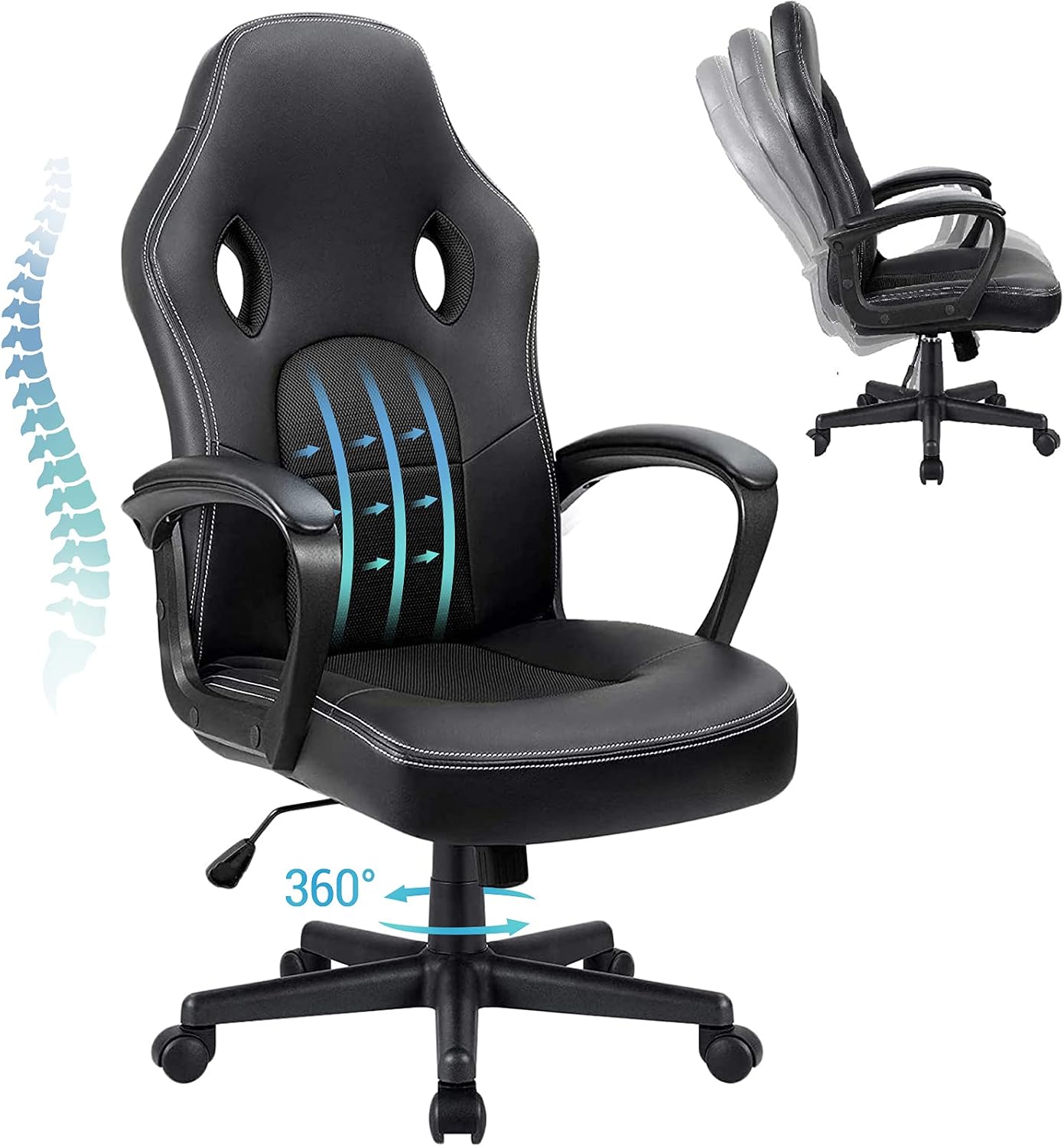 Leather Office Desk Chair, Ergonomic High Back Executive Chair, Gaming Chair, Adjustable Swivel Task Chair, Racing Chair with Headrest and Lumbar Support, Black