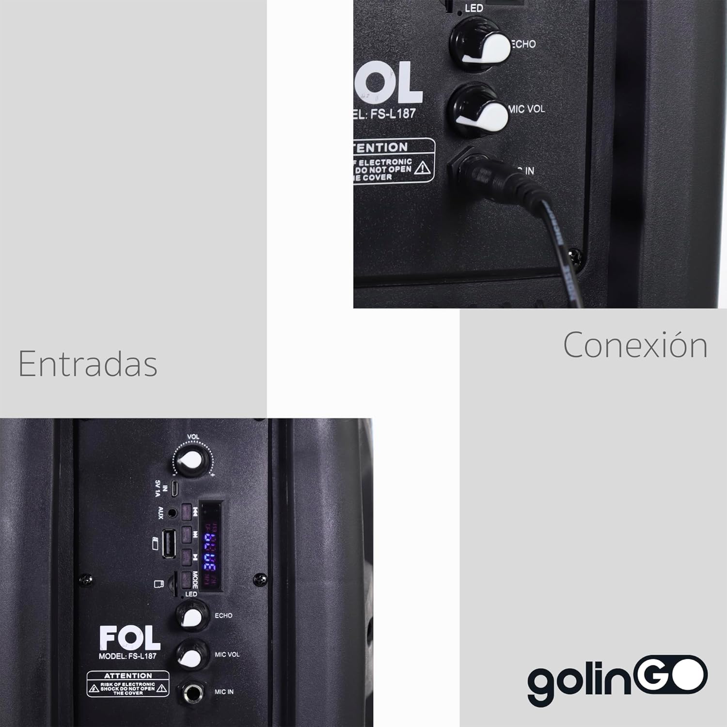 Close-up of the FOL speaker's control panel showing inputs and connections