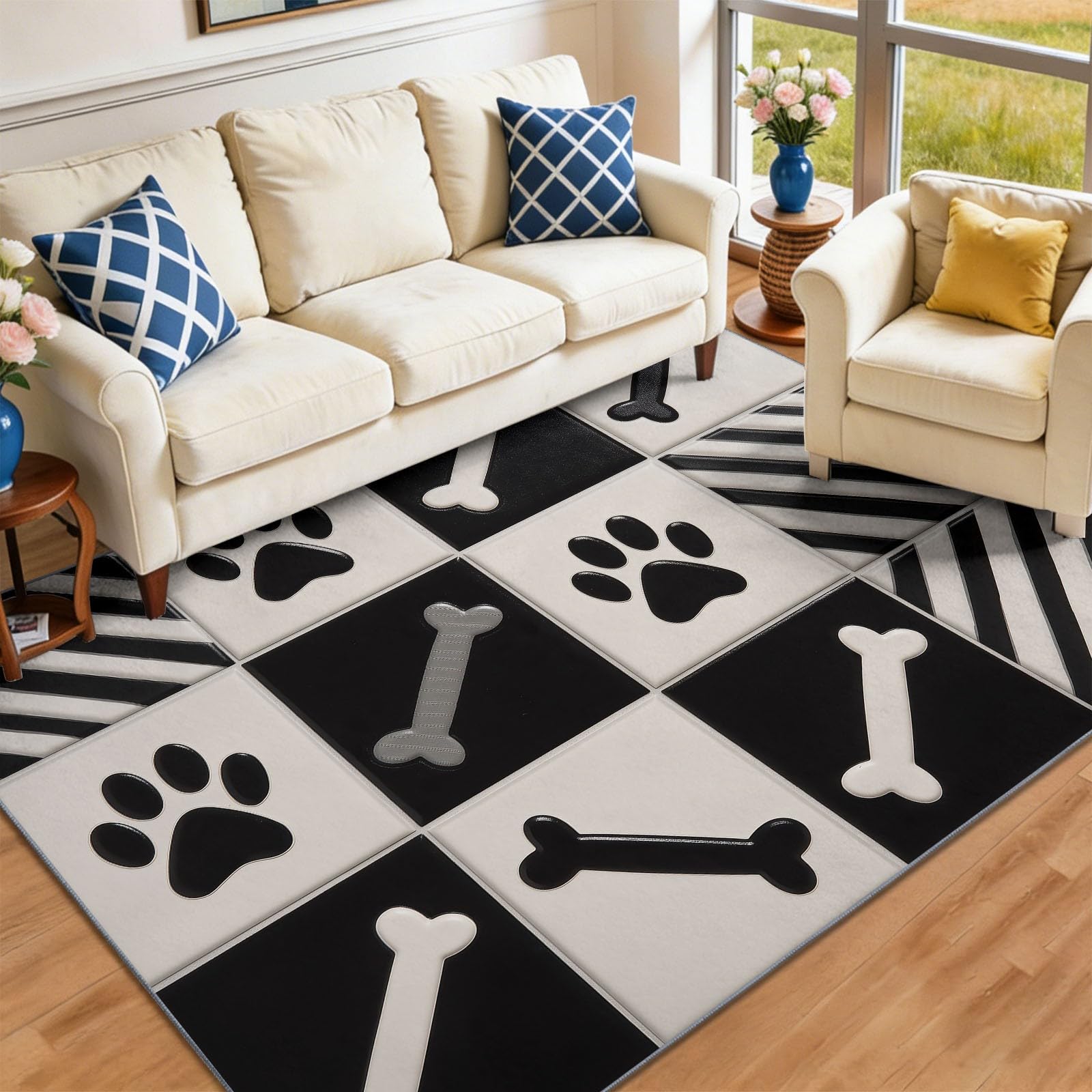 Tapis lavable noir et blanc 140x200 pour chambre, bureau et entrée de maison