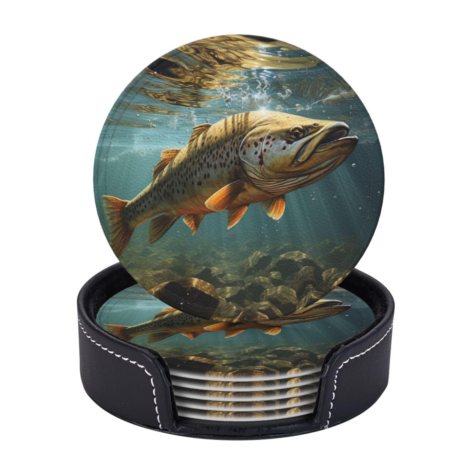 Round Coasters for Drinks Set of 6 - PU Leather Coasters with Holder - Modern Drink Coasters for Coffee Table - Fish Coaster for Tabletop Protection 4" Cup Mat Pad