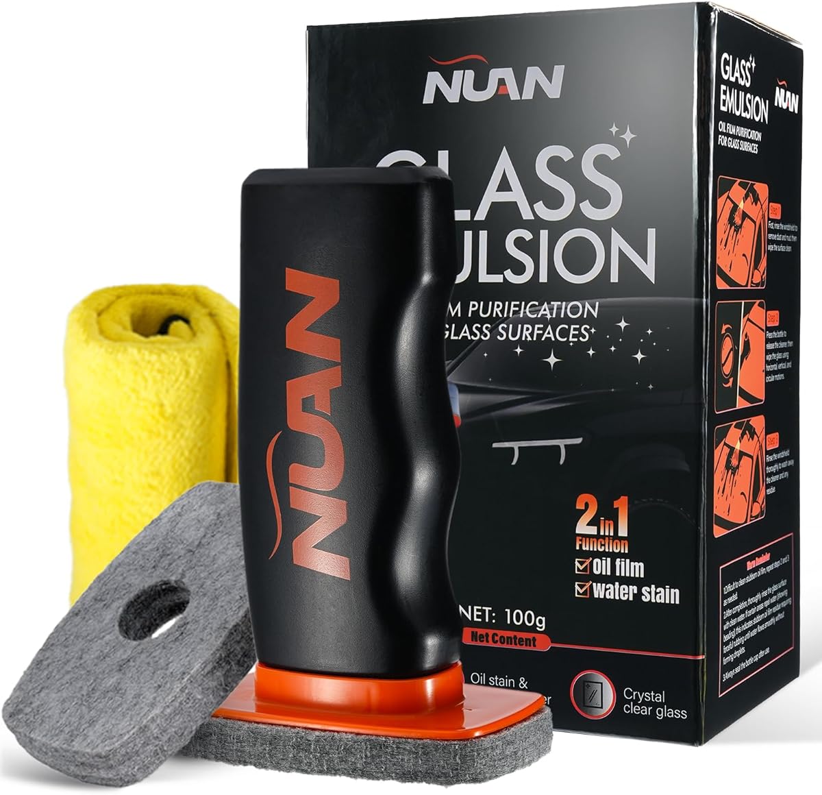 NUAN Glass Emulsion Oil Film Purification for Car Windshields and Windows, Removes Oil Film and Water Stains, 100g with Detachable Brush and Towel