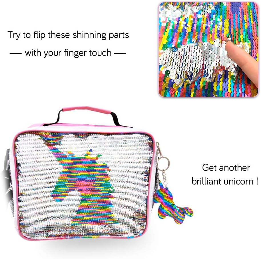 JYPS Insulated Unicorn Lunch Box for Kids, Flip Sequin Girls Tote Lunch Bags with Shoulder Strap, Handheld Reusable Lunch Box Bags Christmas Gifts for Girls at School