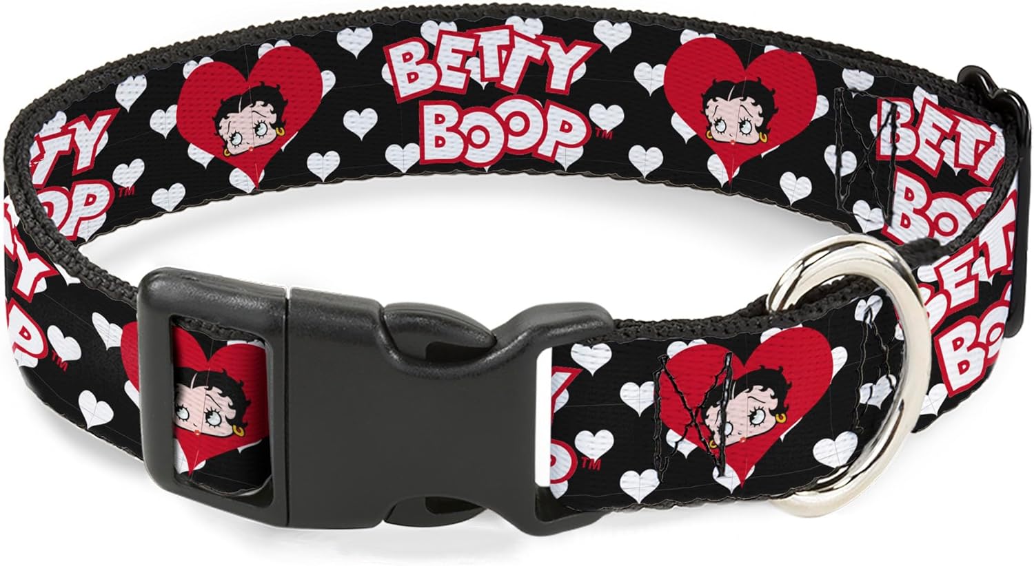 Fleischer Studios, Inc. Pet Collar, Dog Collar Plastic Buckle, Betty Boop Face and Text Hearts Black White Red, 20 to 31 Inches 1.5 Inch Wide