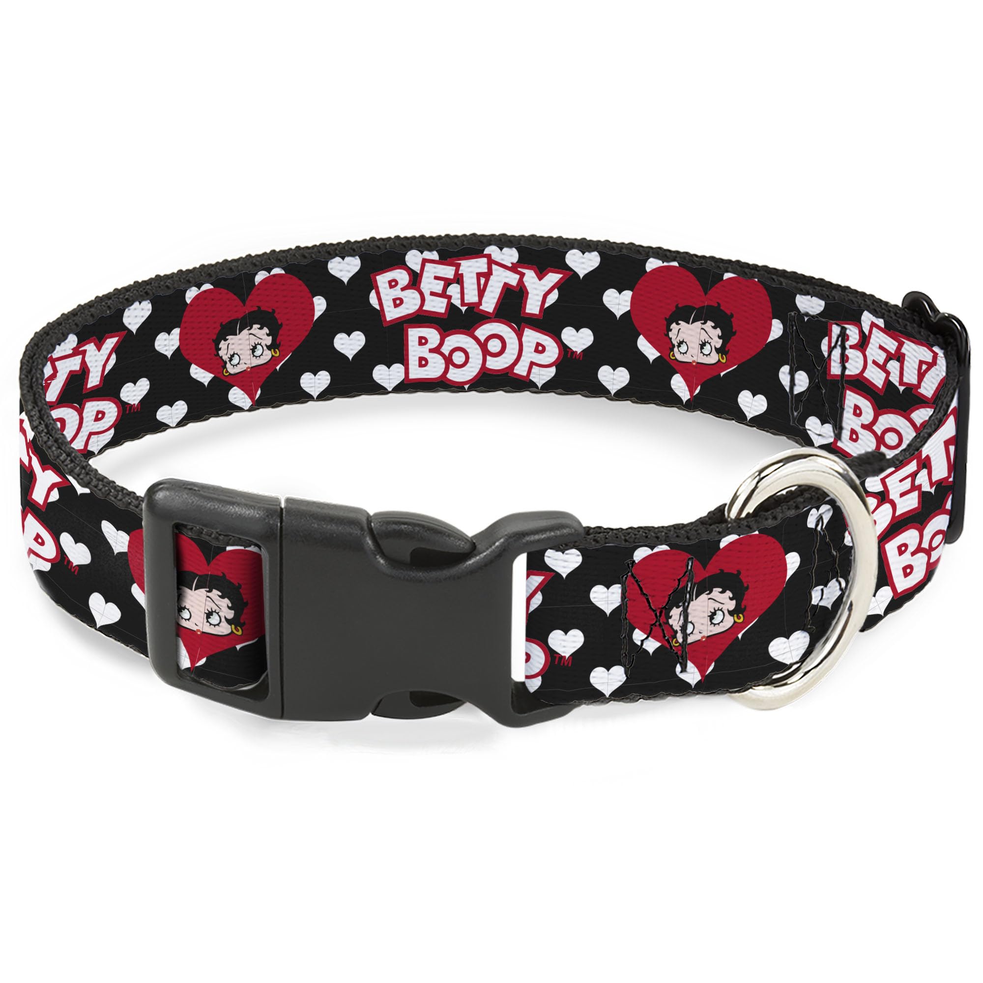 Fleischer Studios, Inc. Pet Collar, Dog Collar Plastic Buckle, Betty Boop Face and Text Hearts Black White Red, 11 to 16.5 Inches 1.0 Inch Wide