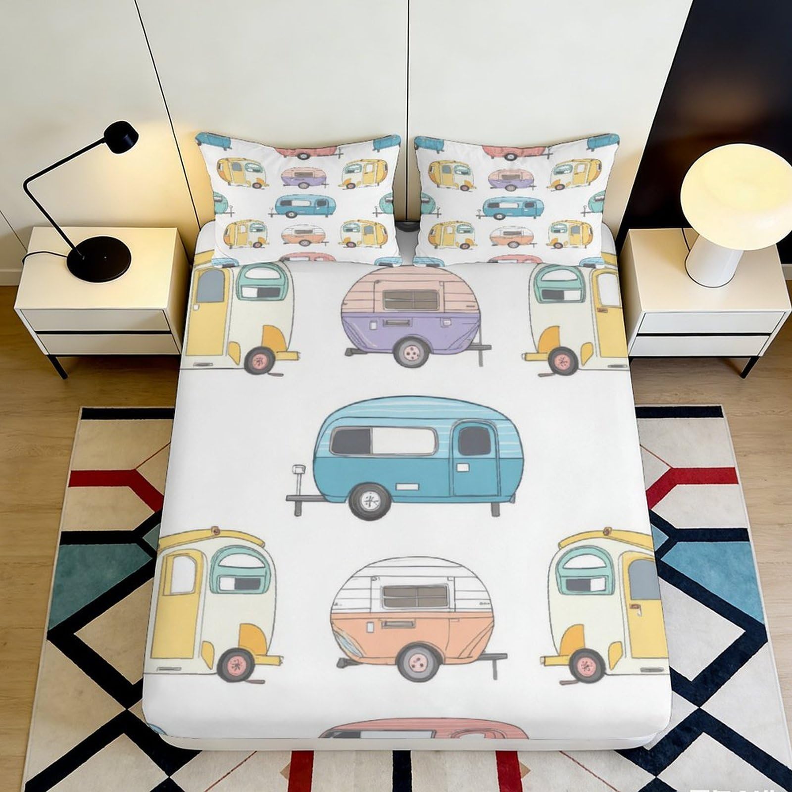 3D Printed Vintage Camper Fitted Sheet Microfiber Soft Breathable Retro Trailer Bed Cover for Bedroom Guest Room Decor 90x200x25cm
