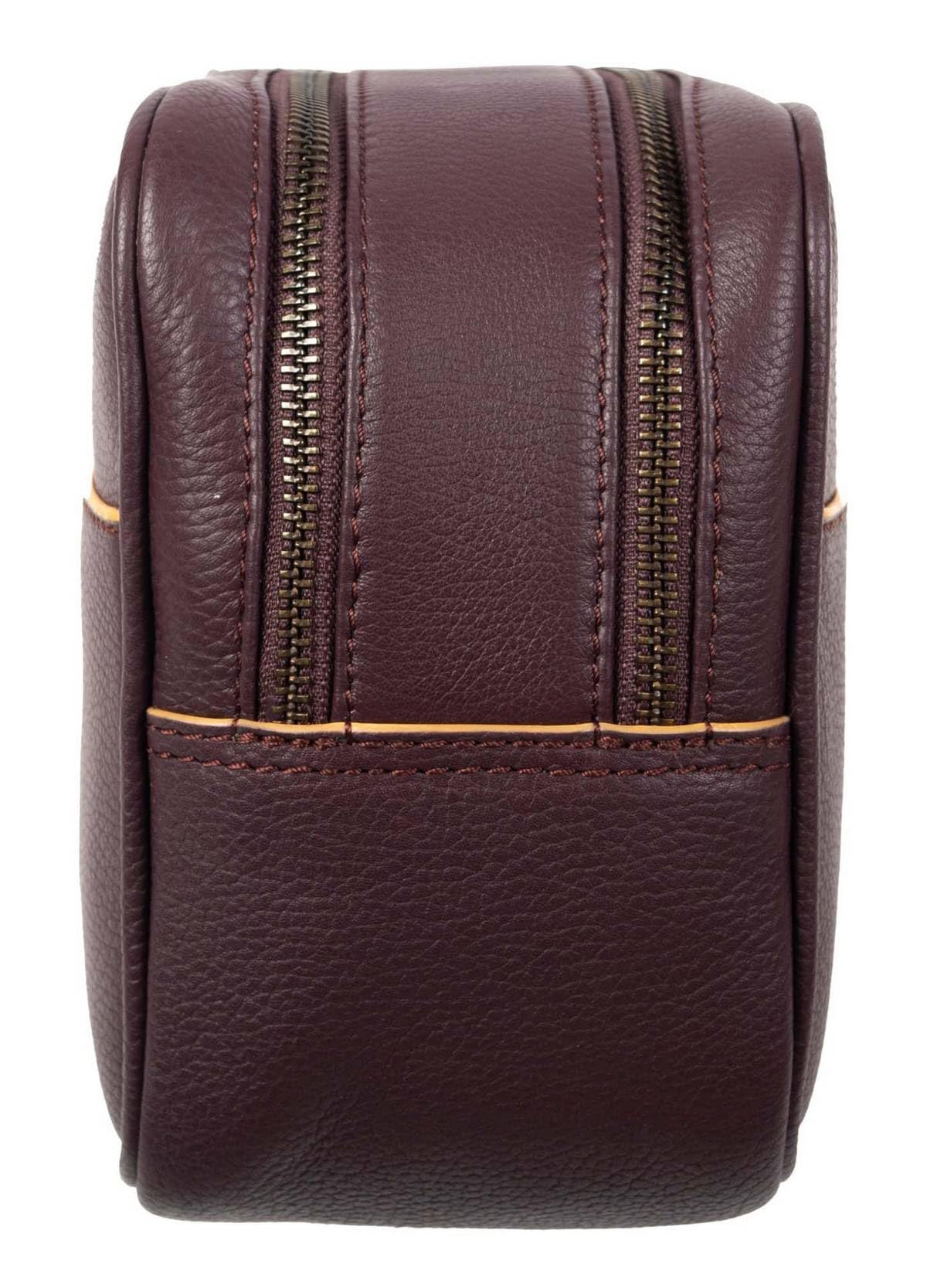 Bolsa de lavado de piel granulada con dos cremalleras para hombre, Burdeos/marrón claro, Talla única