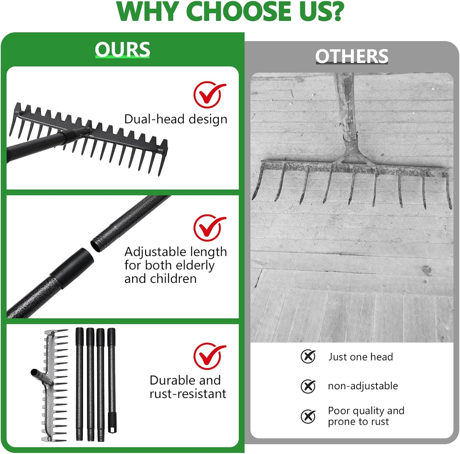 63 inch Bow Rake, 2-in-1 Metal Garden Lawn Rake for Weeding Digger Loosening Soil Raking Leaf Leveling Rocks Spreading Mulch Gravel 17 Tines Adjustable Garden Rake