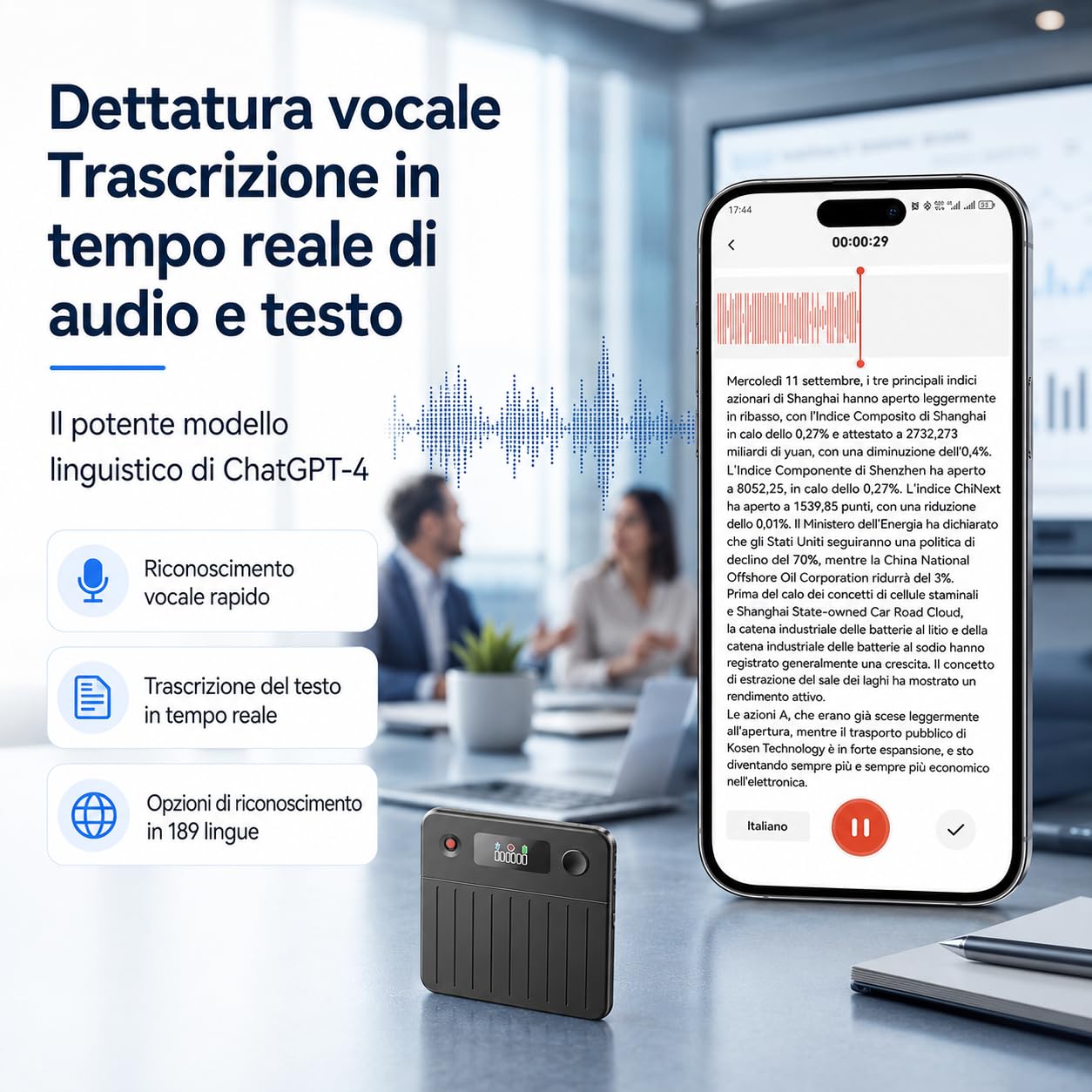 Volovivo Registratore Vocale Smart AI Con Trascrizione Traduzione e Riassunto 64GB Registratore Audio Magnetico Per Riunioni Lezioni e Interviste