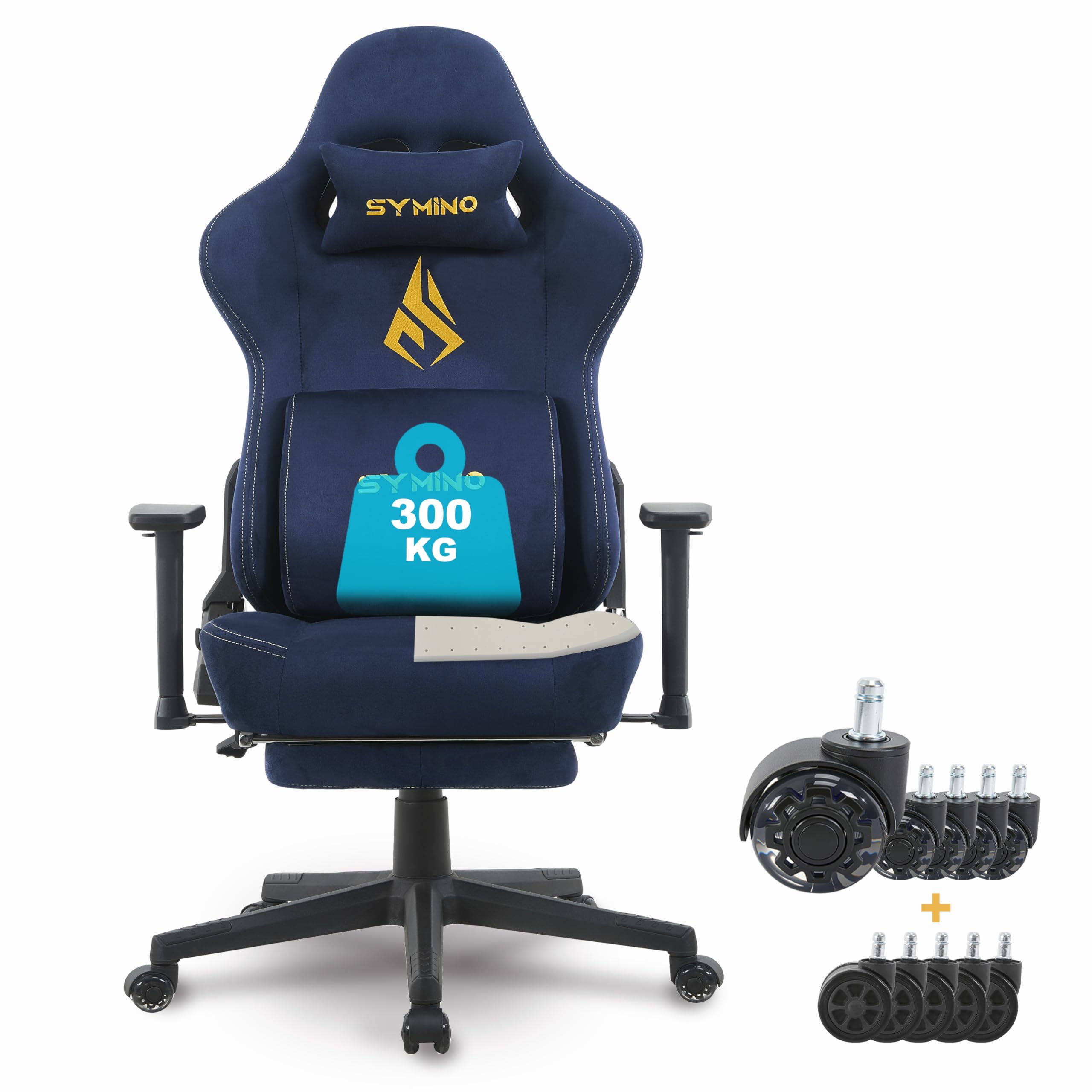 Symino Chaise Gamer XL, Siège Large Mousse+Latex, Support Lombaire & Tête, Inclinaison 175°, 300kg, Roues Silencieuses Incluses (Faux Daim, Bleu Foncé)
