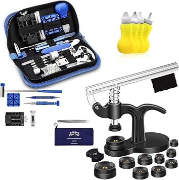 Combination VersionONEBOM Watch Repair Tool Kit + Watch Press Set, Professional Spring Bar Tool Set, Watch Band Link Pin Tool Set with Carrying Case, Watch Battery Replacement Tool Kit