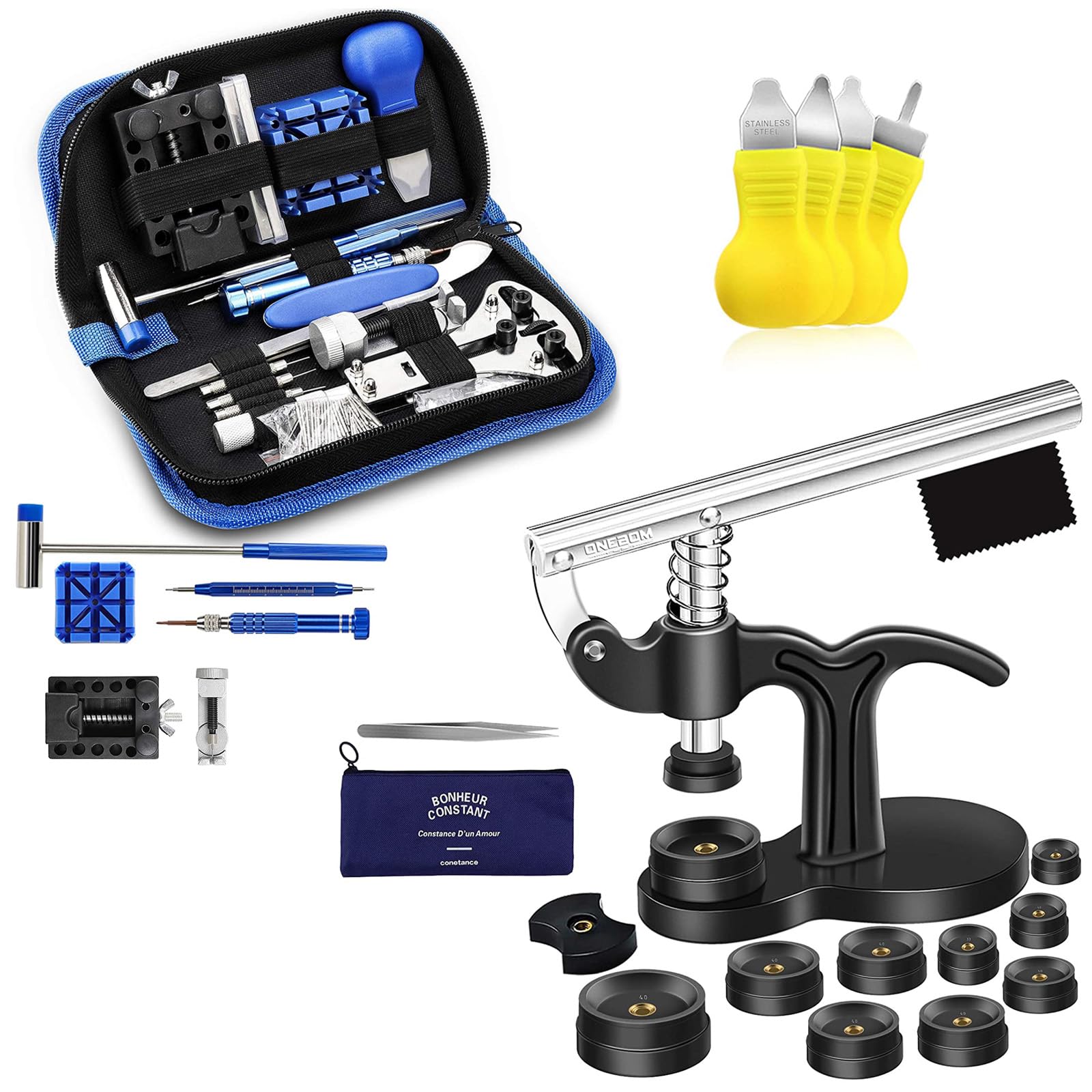 【Combination Version】ONEBOM Watch Repair Tool Kit + Watch Press Set, Professional Spring Bar Tool Set, Watch Band Link Pin Tool Set with Carrying Case, Watch Battery Replacement Tool Kit