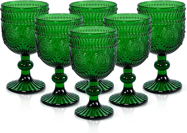Vintage Wine Glasses Set of 6, 12 OZ Christmas Green Glass Water Goblets, Embossed Floral Decorative Crystal Glass Cups Set, Dishwasher Safe, for Wedding, Party, Red Wine Glass, Bars, Restaurants