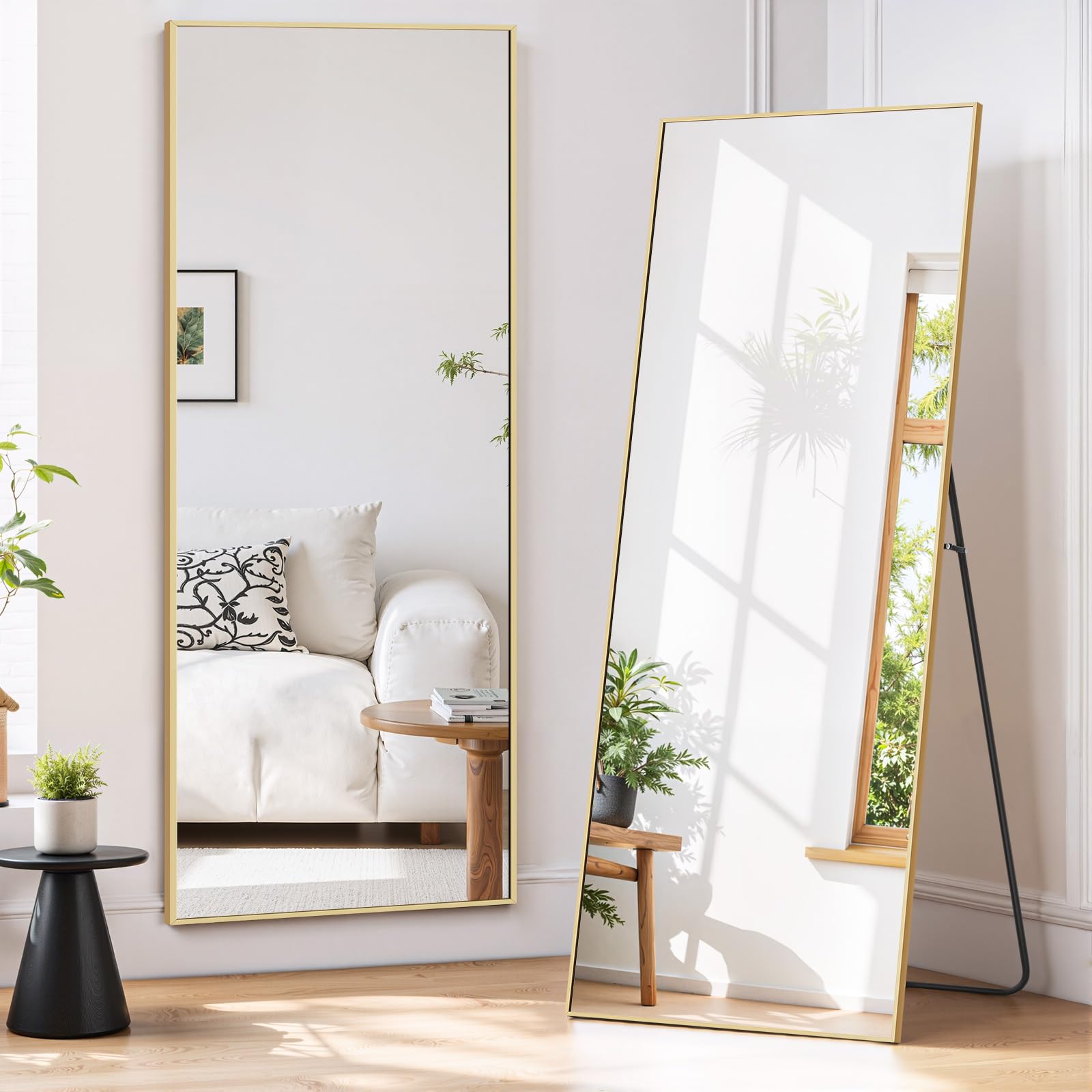 full length mirror 58"x19" full body mirror rectangle free standing wall mounted leaning floor mirrors with stand aluminum alloy frame for bedroom cloakroom, gold