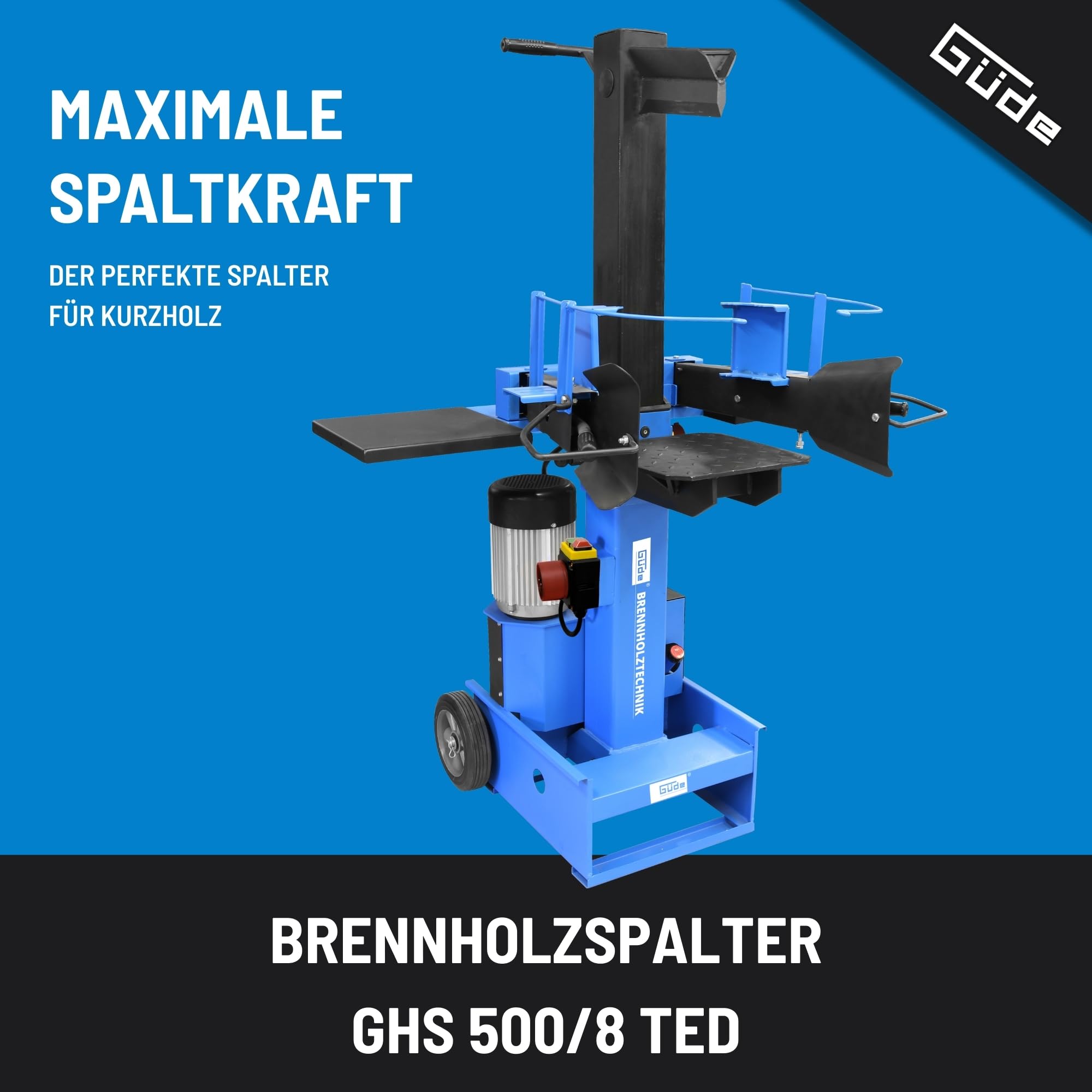 Güde Holzspalter GHS 500/8TED (400 V, 3000 W, Spaltdruck 8 t, hochwertige Hydraulikpumpe, Öldruck 280 bar, Spaltgutlänge 500 mm, Spaltgut-Ø 350 mm, stufenlos verstellbarer Spalthub, Test SEHR GUT)