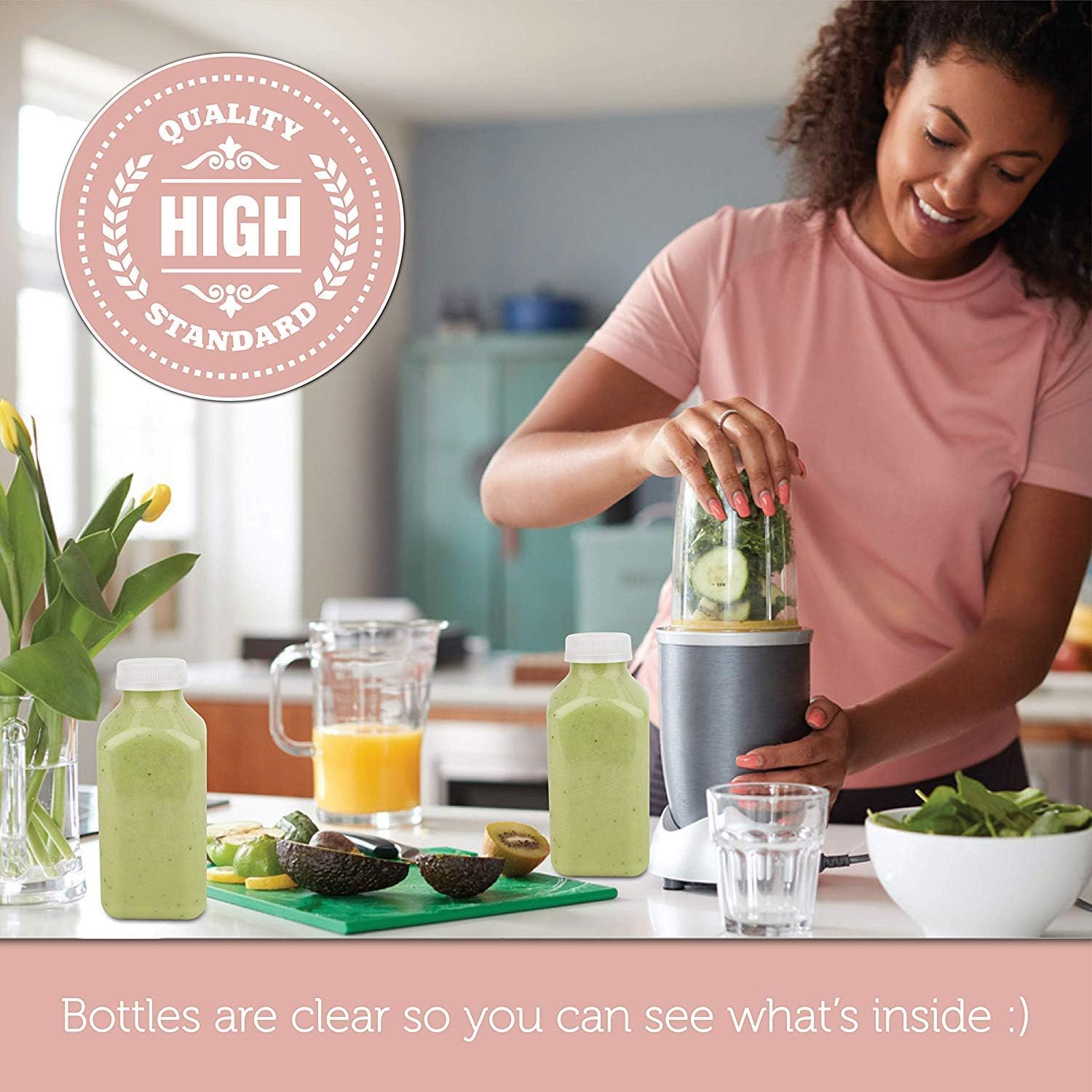 Disposable Plastic Juice Bottles-16 Oz with Lids | 48 Pack | for Water, Orange Apple Lemon Juicing, Smoothies, Milk, Reusable, BPA Free, Tamper-Proof Caps, Catering, Takeout