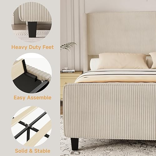 Miniatura 6 de Marco de Cama Tamaño Queen con Cabecero, Cama de Plataforma Tapizada con Cabecero Alto Tipo Wingback y Pie de Cama, Marco de Cama de Pana con