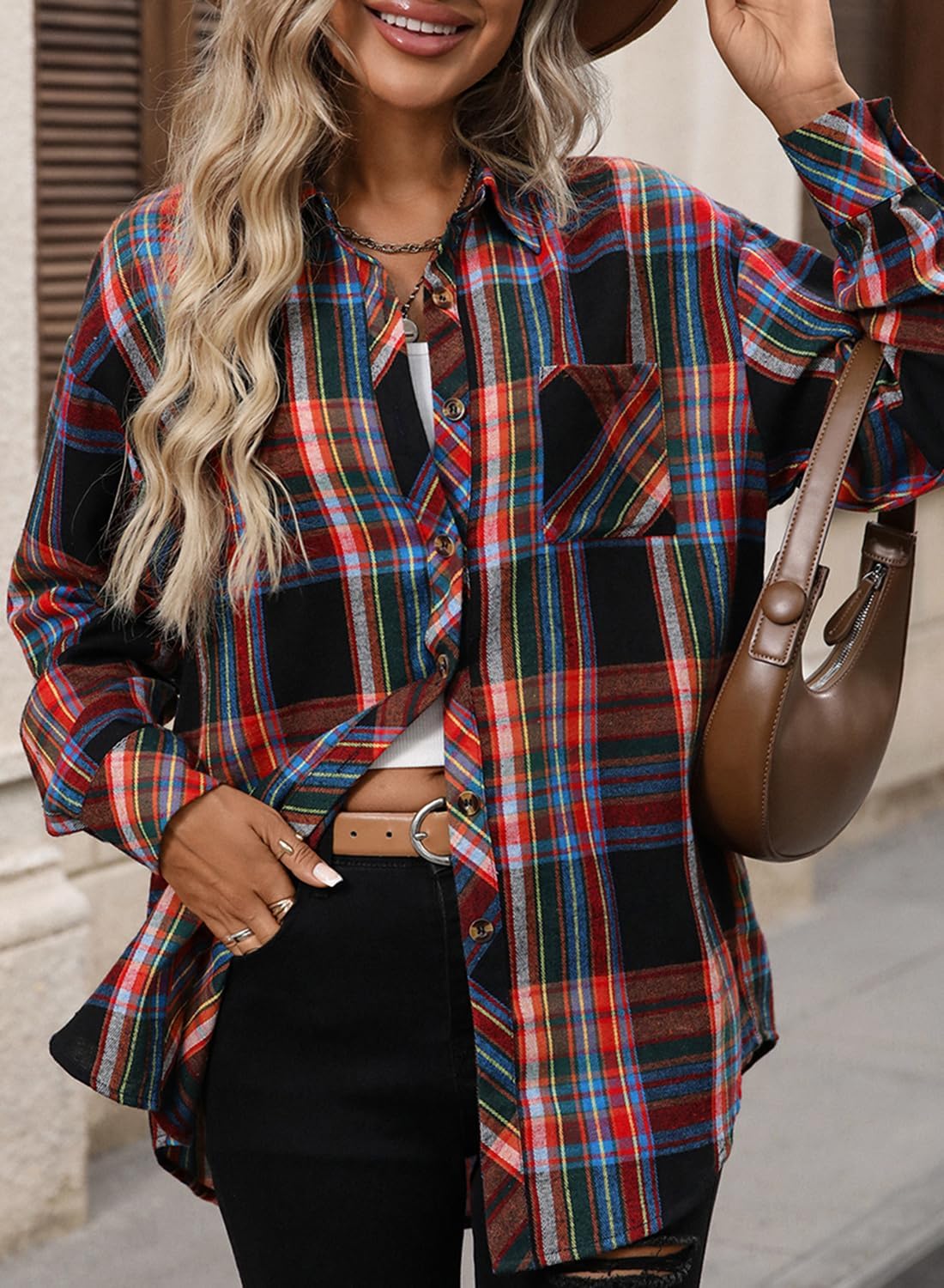 CHYRII Womens Oversized Flannel Shirts Button Down Long Sleeve Plaid Shirt Business Casual Blouse Top - Image 7