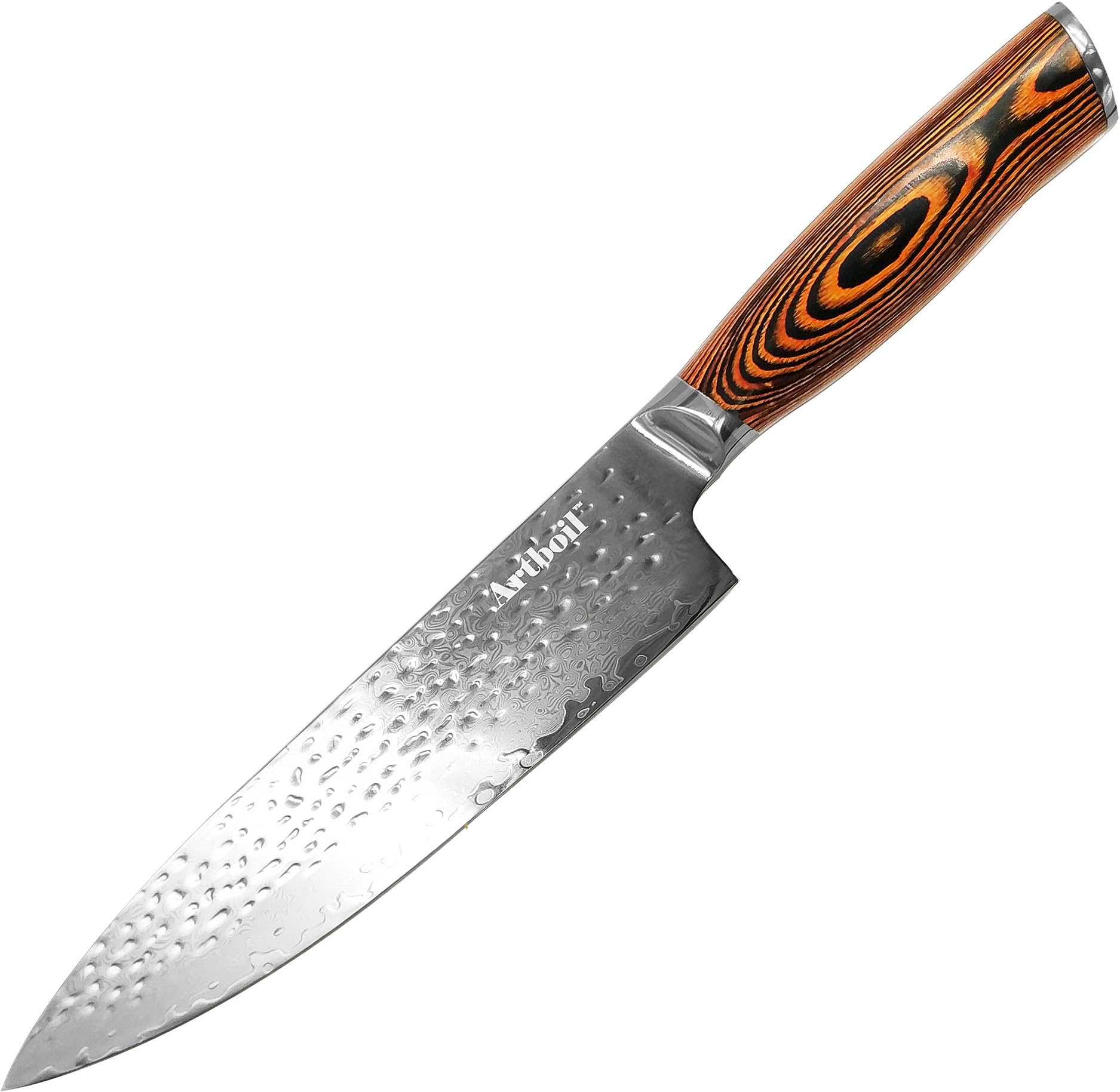 Super Sharp Chefs Knife 8 inch - German Damascus Steel Knife VG10 Core Blade 67 Layers High End Hammered Finish Gift Box packaging