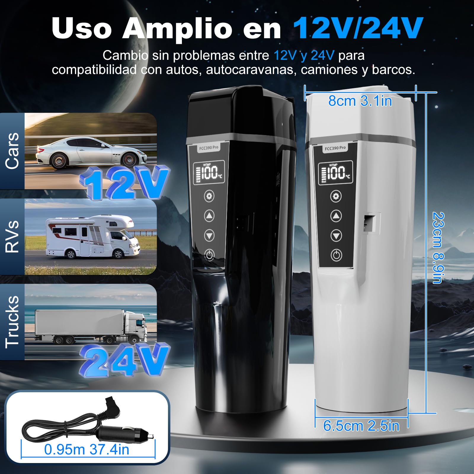 Hervidor Eléctrico Portátil 12V/24V 450ml Para Coche - Leche y Café Con Regulador de Temperatura y Apagado Automático - Acero Inoxidable