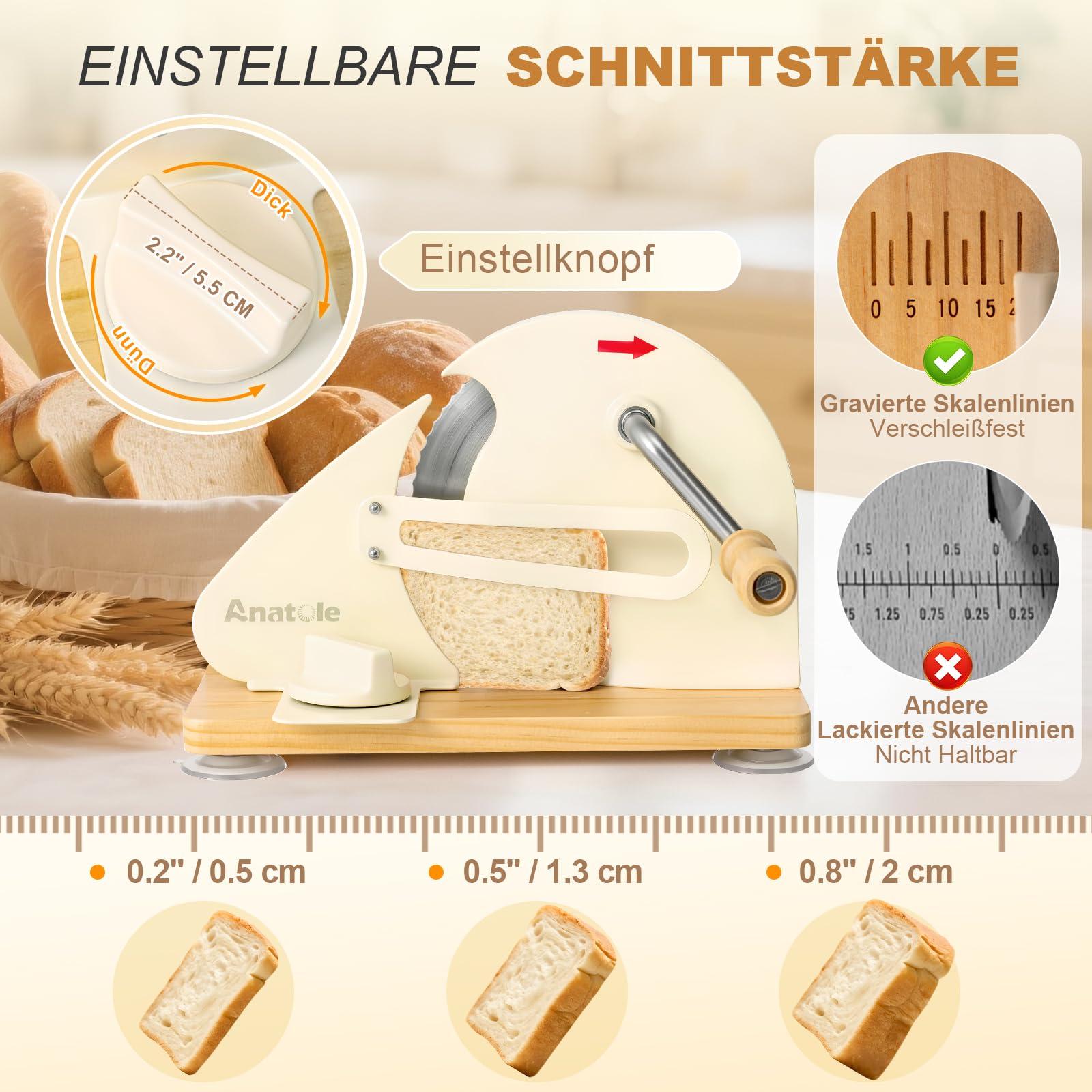 Anatole Brotschneidemaschine Manuell Klappbar 0-20mm Einstellbar Edelstahl Brotschneider Professionell mit Kurbel Abnehmbare Metallführung Gravierte Skala