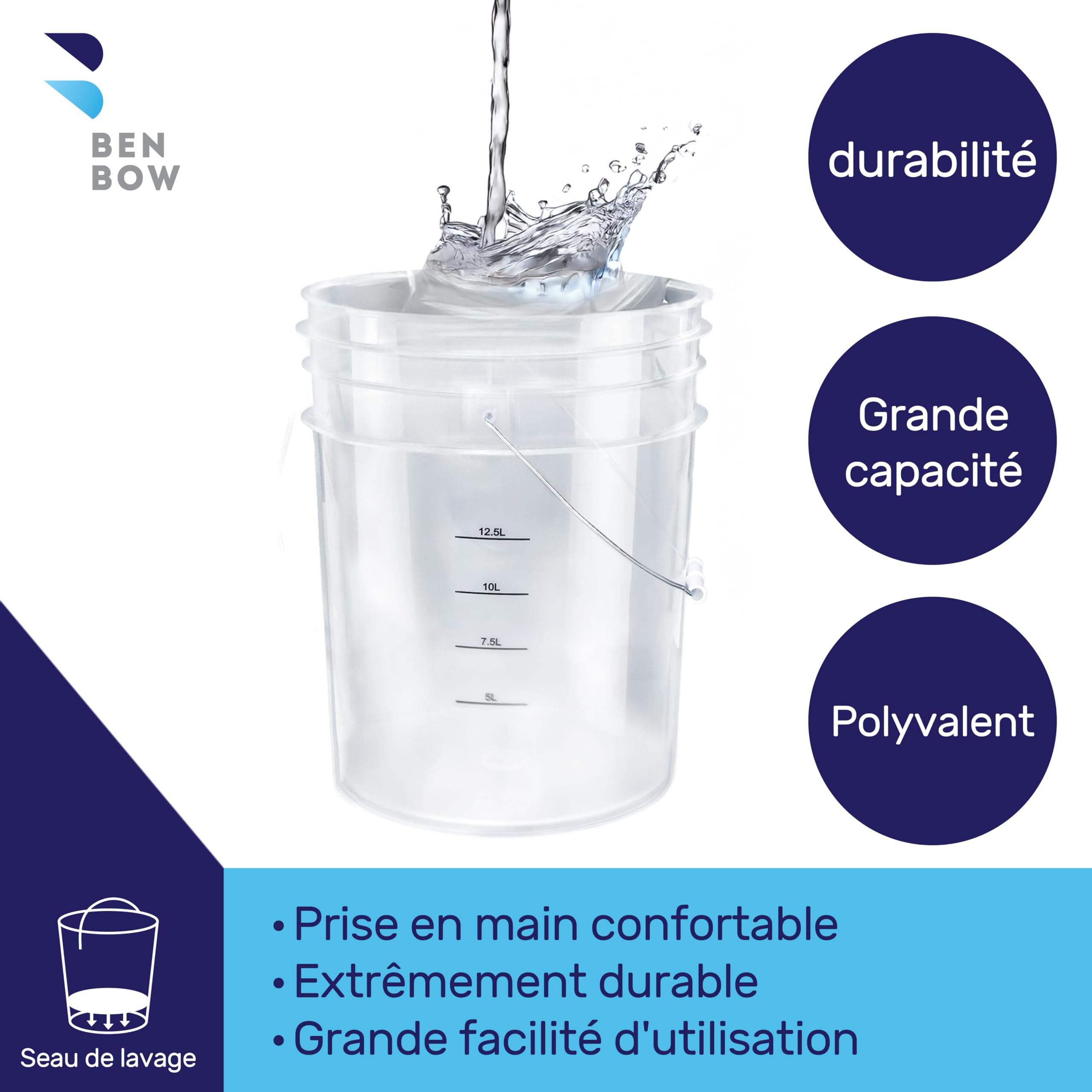 BenBow Seau de Lavage Transparent de 20 litres avec Grille de Lavage filtrante - idéal pour Le Lavage à la Main de la Voiture, Durable et Polyvalent