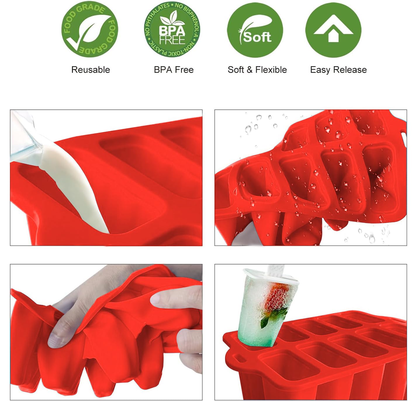 Horuili Moule à Glace Silicone 10 Emplacements Avec Bâtonnets - Popsicles Réutilisables