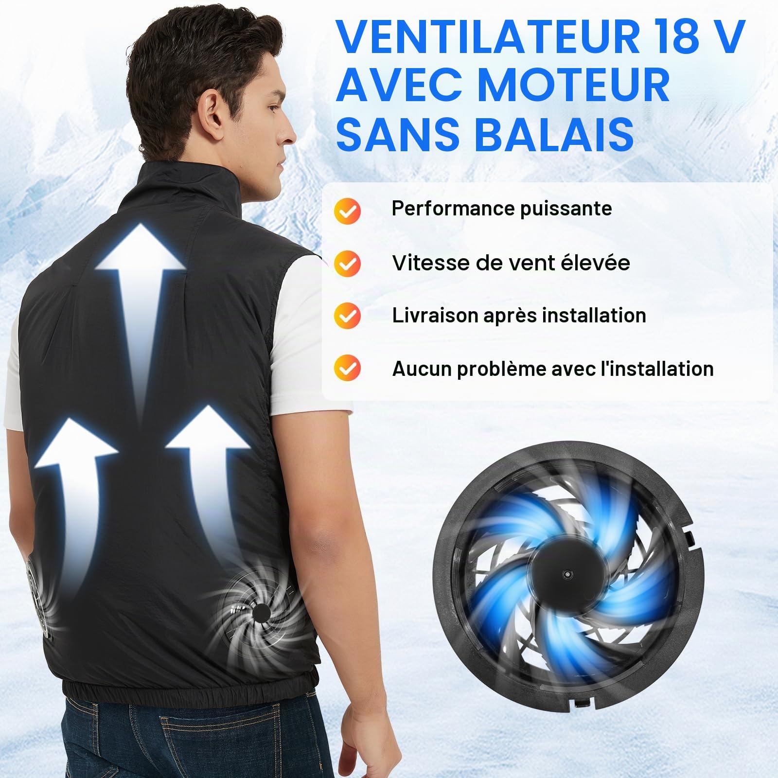 FERNIDA Gilet rafraîchissant 18 V avec batterie et 2 ventilateurs pour soulager la chaleur estivale, vêtements de climatisation respirants