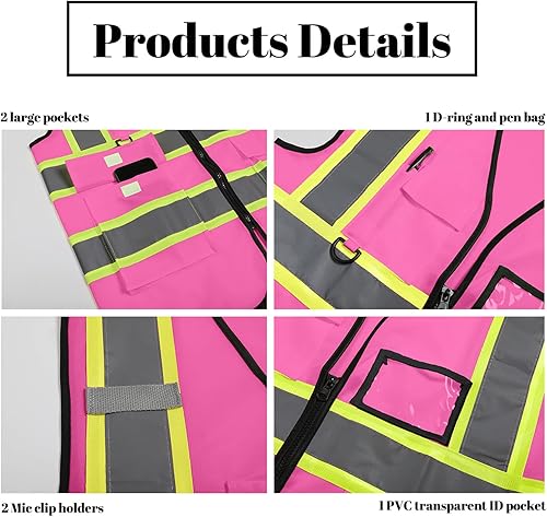 Miniatura 9 de Chaleco de seguridad reflectante de alta visibilidad con 5 bolsillos y cremallera clase 2 para adultos, unisex, ropa de trabajo de seguridad para la