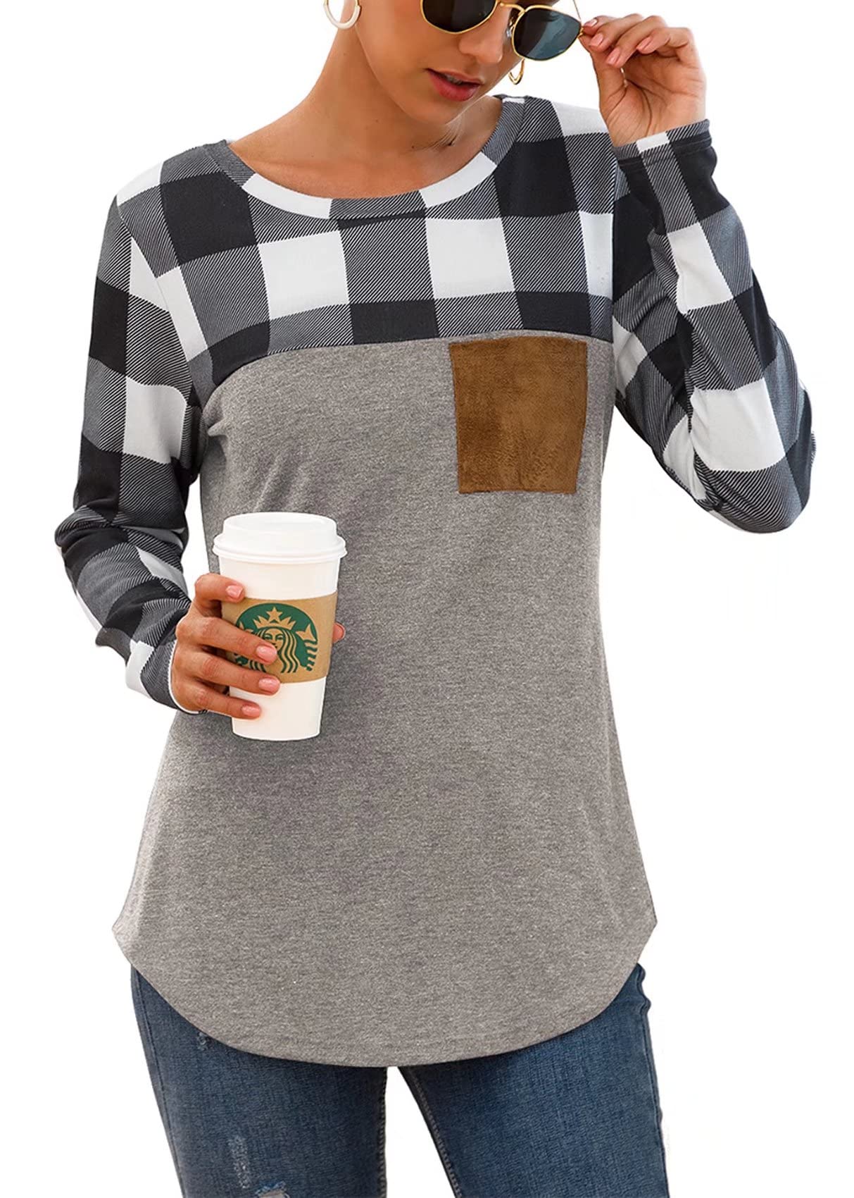 PinUp Angel Womens Buffalo Plaid Neck Long Sleeve Patchwork Blouse Top Curve Hem Tunic