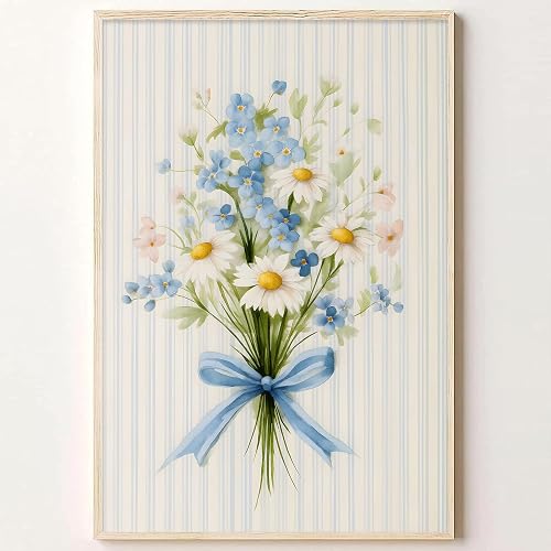 Blue Floral Bow Wall Art Colorful Daisy Pictures Vintage Aesthetic Posters Rusti