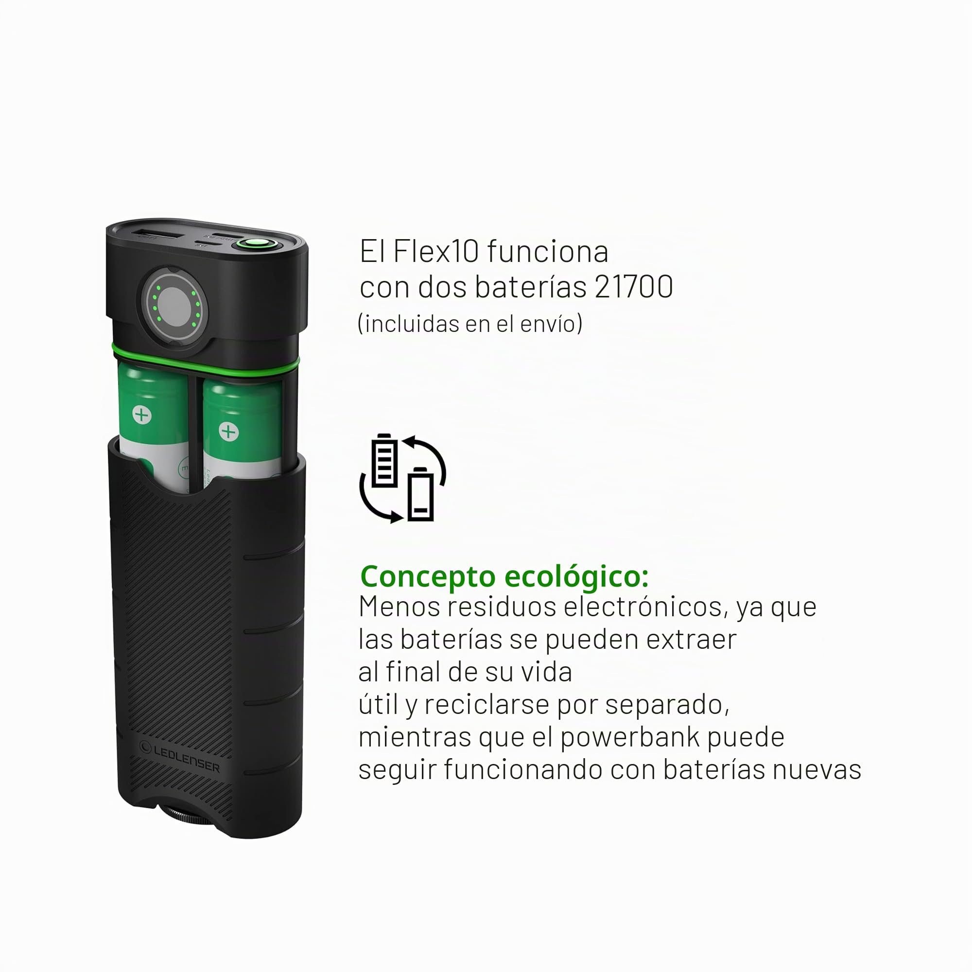 Ledlenser FLEX10 Powerbank y Cargador de Baterías 9000mAh, USB-C | 12 × 5,4cm, 235g, 2 baterías extraíbles, protección contra cortocircuitos, IP65