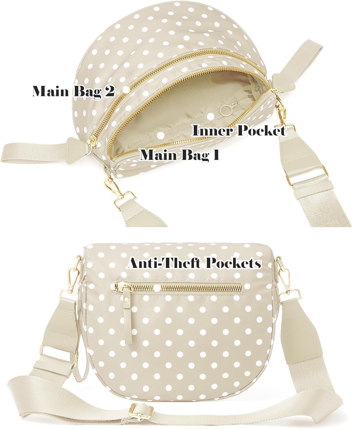 Polka Dots Crossbody Bag Bum Bag for Women,Spacious Checkered Purse Fanny Packs Belt Bag (Beige Polka Dots) - Image 4