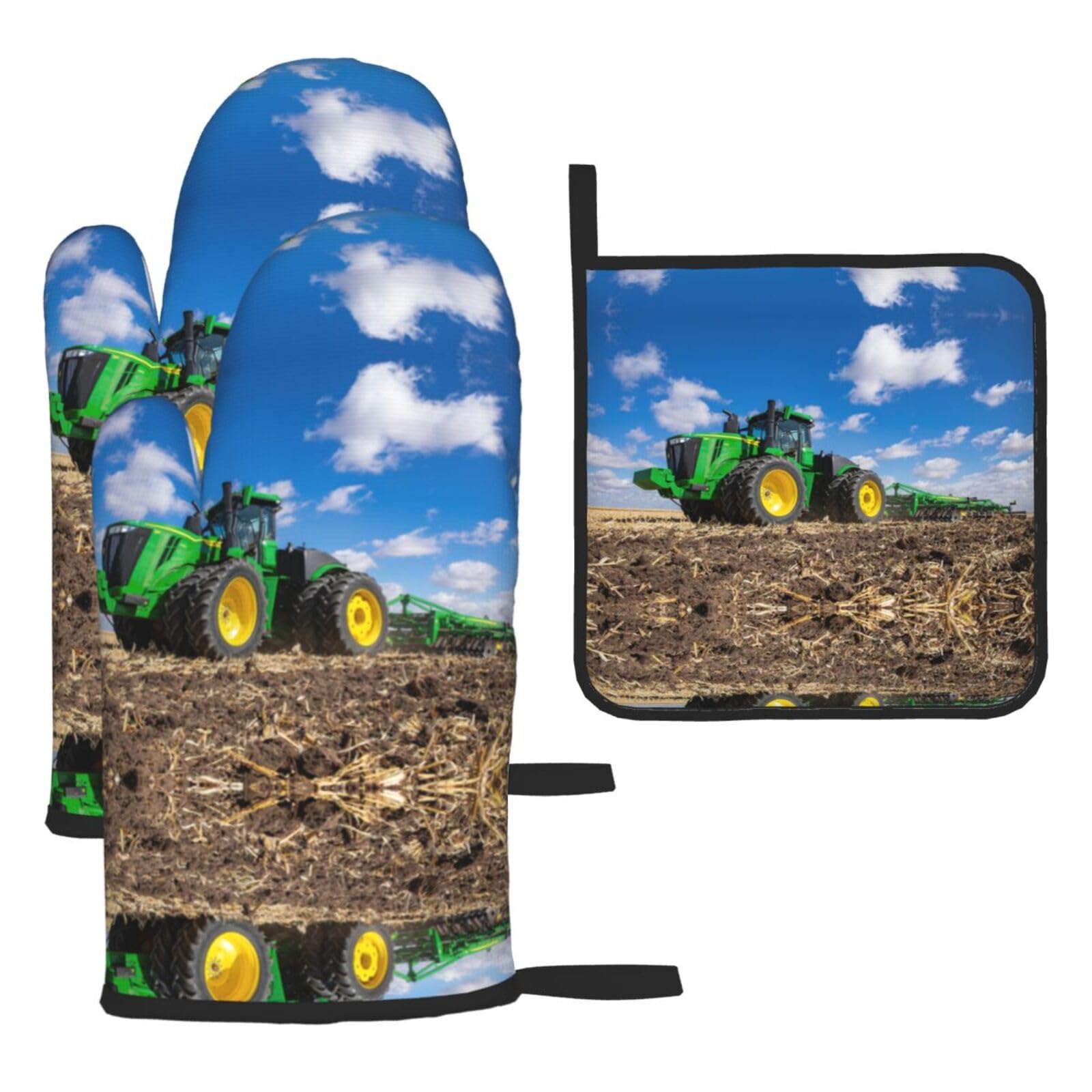 Tractor farm Printed Kitchen Oven Mitt Set 3-Piece Heat Resistant Gloves with Pot Holder Mat for Cooking Baking BBQ