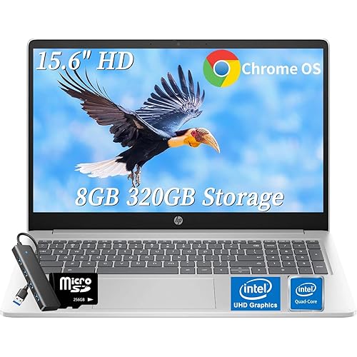 HP 15.6" Chromebook Premium Laptop for Student Business, Chrome OS, 8GB RAM, 320GB eMMC(64GB eMMC + 256GB MicroSD), 15.6" HD Anti-Glare Display, Intel Quad-Core N200, Intel UHD Graphics, w/Accessories