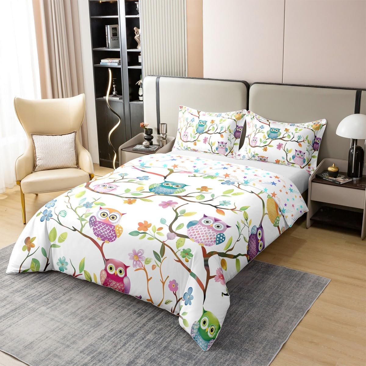 Loussiesd niedliche Eule 100% Baumwolle Bettwäsche Set 135x200cm Tier Eule Blumen Bettbezug Set für Teenager Mädchen Zimmer Dekor Regenbogen Cartoon Eule Betten Set Botanische Weich Bettwäsche-Set