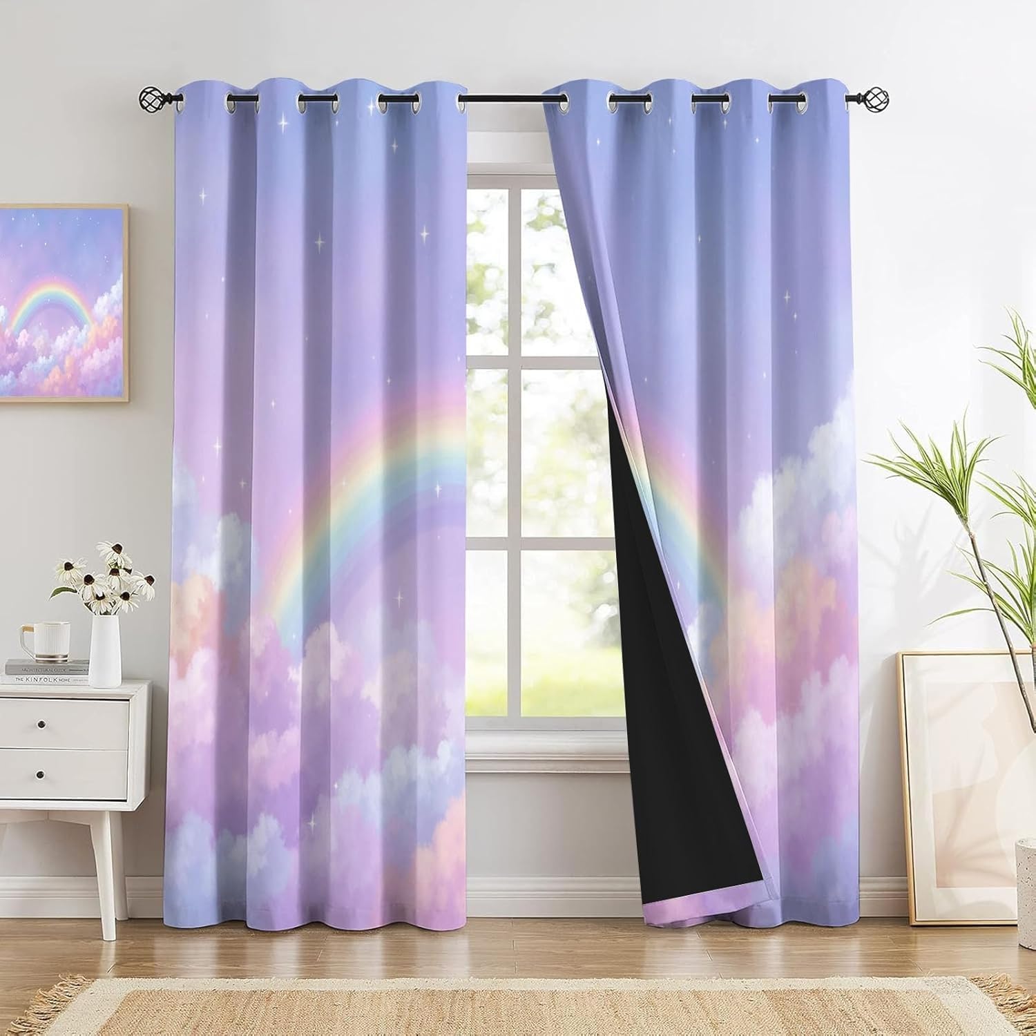 Tęczowa kolorowa termiczna zasłona zaciemniająca dla dzieci trzy piętra przelotki zasłony salon zestaw 2 sztuk 135 x 280 cm (dł. x wys.) E149