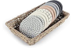 Boho Coasters for Drinks with Seagrass Basket Holder Set, 12 Handmade Woven Absorbent Insulating Coasters