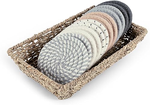 12 piezas de posavasos tejidos a mano para bebidas, juego de posavasos absorbentes y aislantes de algodón con soporte de cesta de esparto, boho