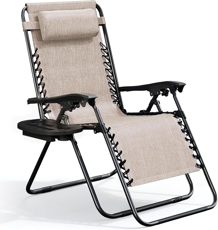 Zero Gravity Chairs, Portable Patio Lounge Chair Outdoor with Pillows & Cup Holder Trays, Adjustable Steel Mesh Reclining Camping Chair, Folding Patio Lawn Chair for Deck, Beach, Yard - Beige