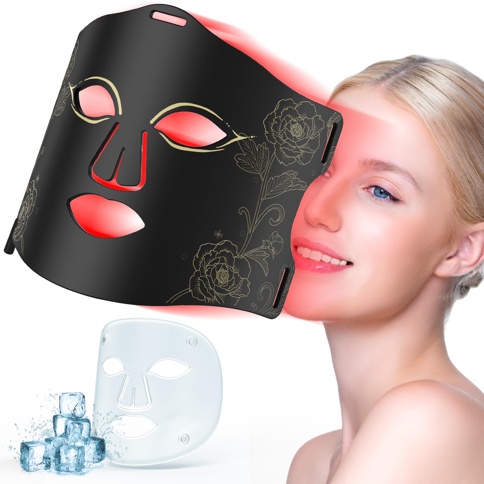 LED Red Light Therapy Face Mask 8 Modes for Acne Brightening Wrinkles Rechargeable with Cooling Gel Pad for