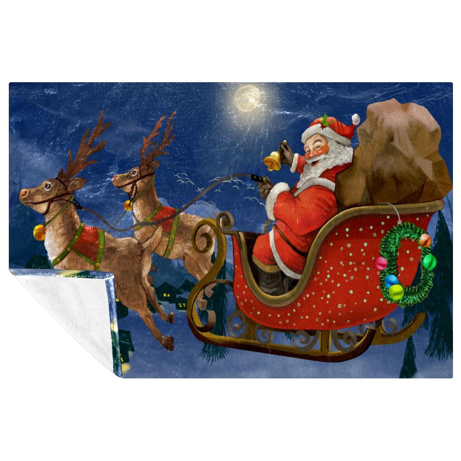 Couverture motif Père Noël en traîneau douce chaude plaid hiver jeté de canapé 150x100