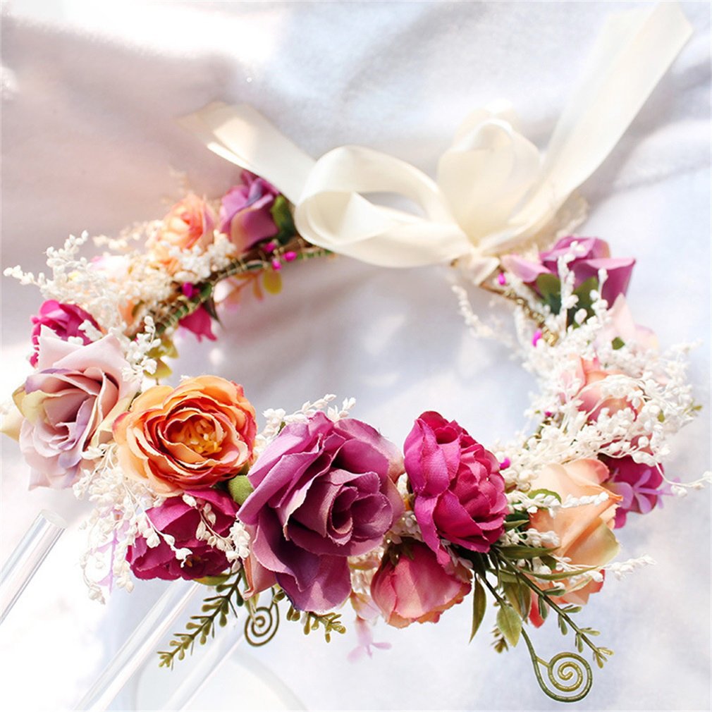 YAZILIND Hochzeit Blumenkranz Krone für Brautjungfer, Rose Blumenkopf tragen mit Band, Photo Requisiten.