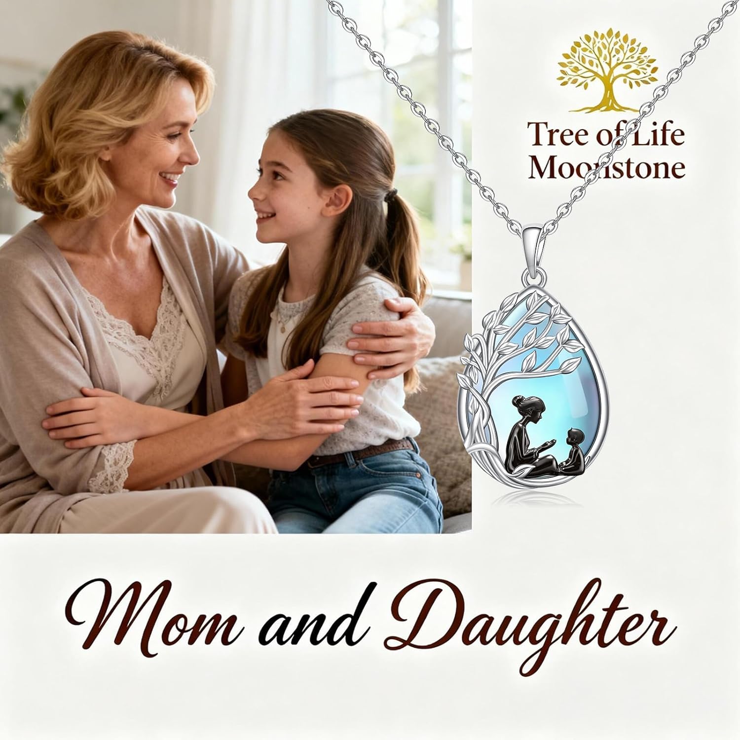 Mothers Day Gifts for Mom Mother Daughter Necklace Sterling Silver Tree of Life Mom Son Necklace for Women Pendant Moonstone Jewelry Gifts Grandmother Daughter Wife - Image 2