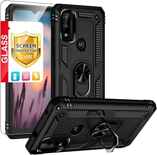 TJS Funda compatible con Motorola Moto G Pure 2021 Moto G Power 2022 con protector de pantalla de vidrio templado, anillo de metal, soporte